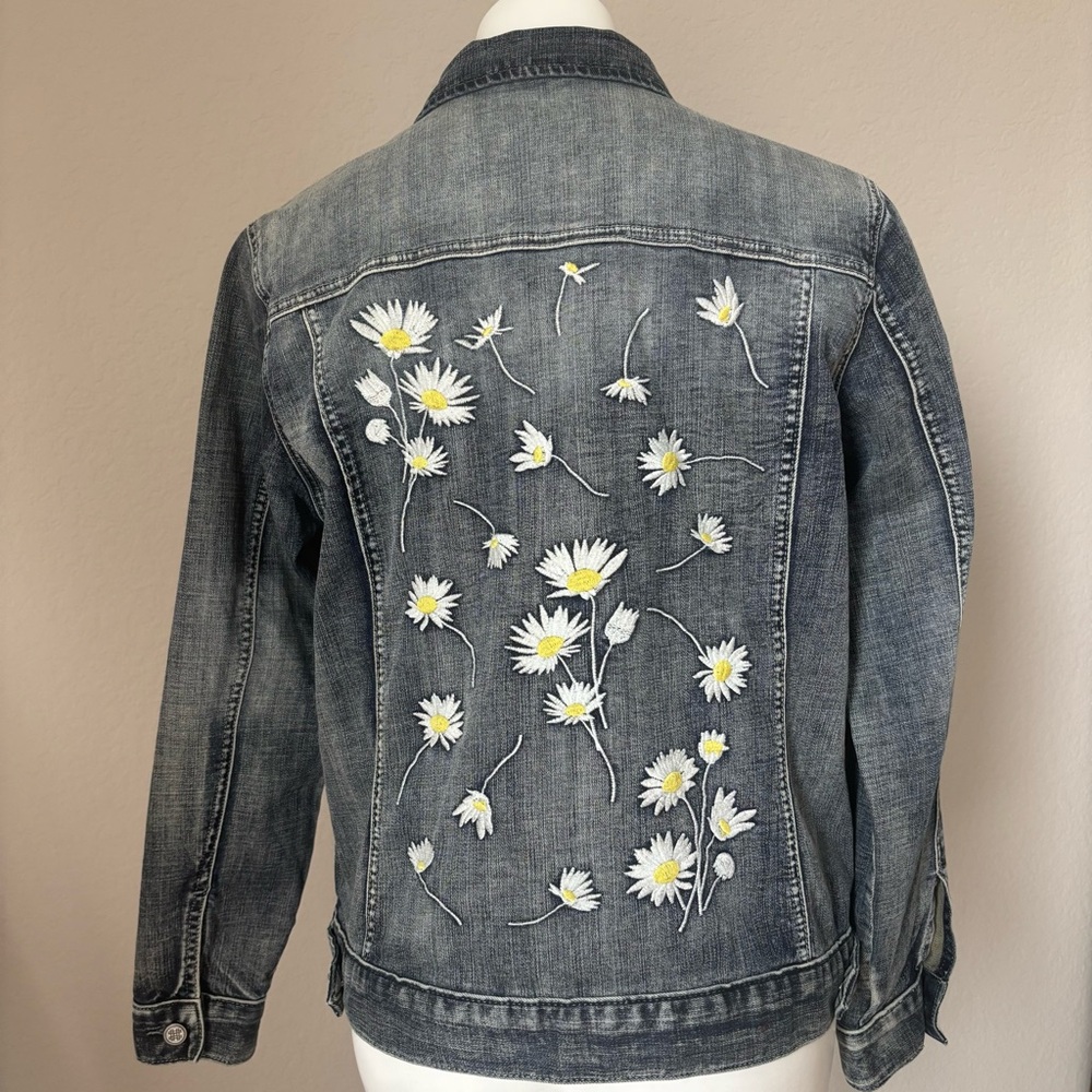 Laurie Felt Embroidered Daisies Classic Blue Grey Denim Jacket Womens Size Med